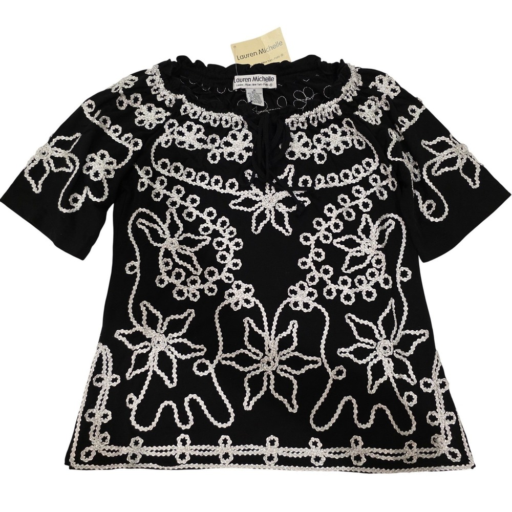 Lauren‎ Michelle Black White Embroidered Tunic Top Blouse Women's Size M